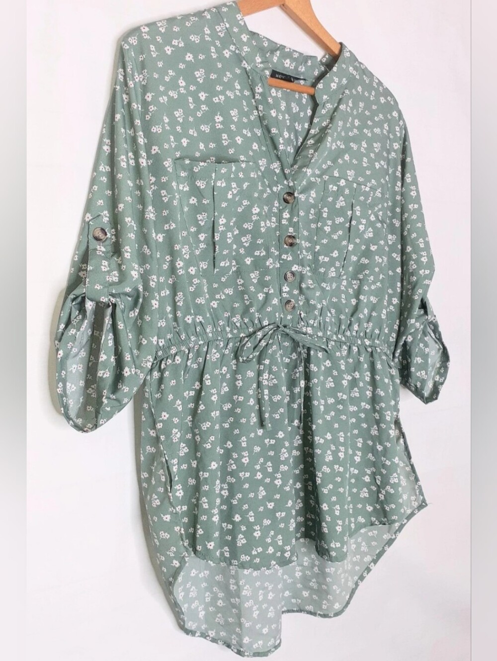 New Glory 1XL Green white floral button down peplum drawstring Tunic blouse